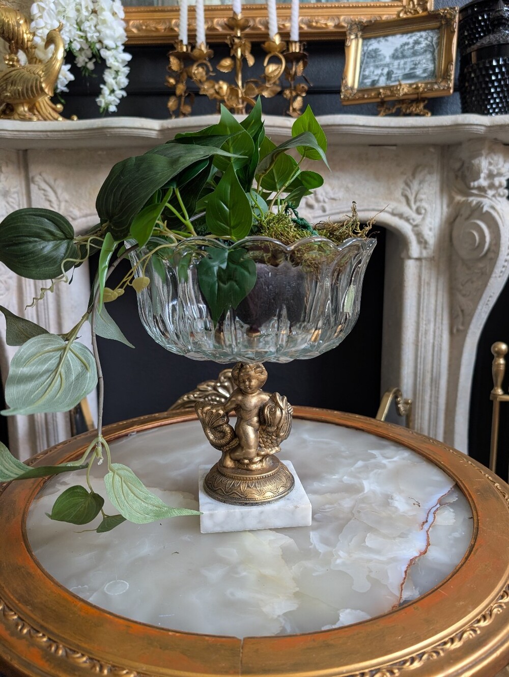Vintage Large Crystal Pedestal Compote Plant/Trinket Brass Cherub Fish,  Marble